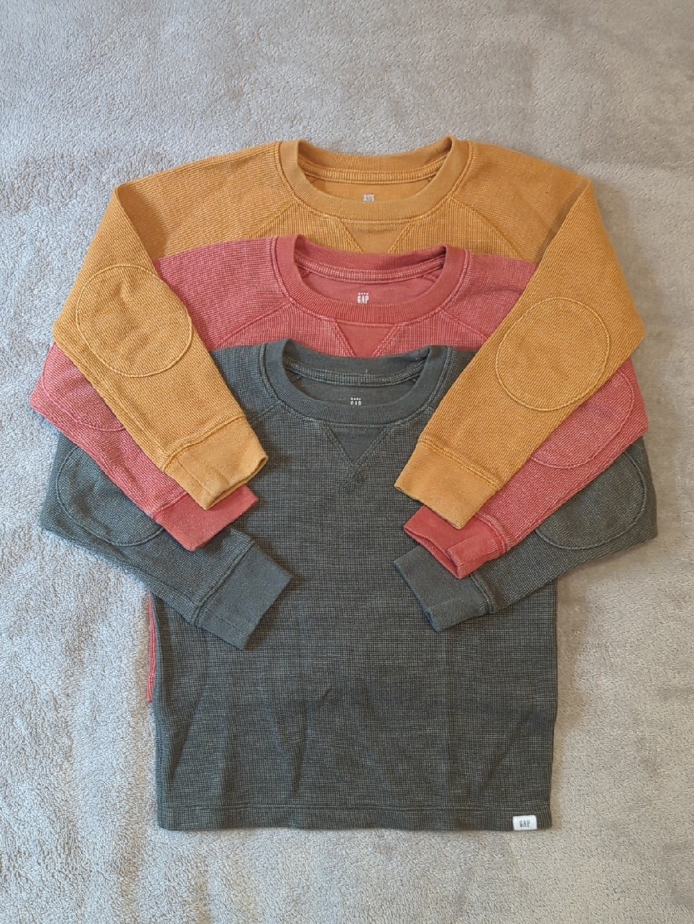 Baby Gap Kid's Crewneck Waffle Sweaters in Yellow, Orange, and Green Set. 4y